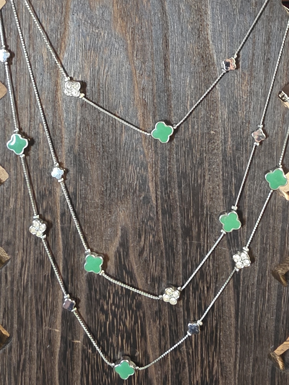 Silver Tone Clover Necklace & Earrings Set